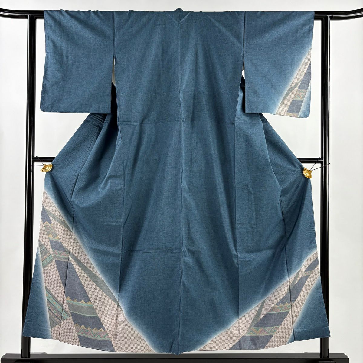 【美品】 付下 身長154cm 袖長60cm S 雙層 大島紬織地 證書齊全 幾何學 漸層 青灰 純蠶絲 優品級