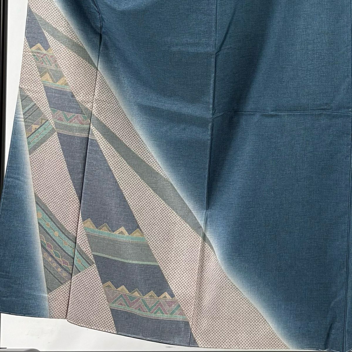 【美品】 付下 身長154cm 袖長60cm S 雙層 大島紬織地 證書齊全 幾何學 漸層 青灰 純蠶絲 優品級
