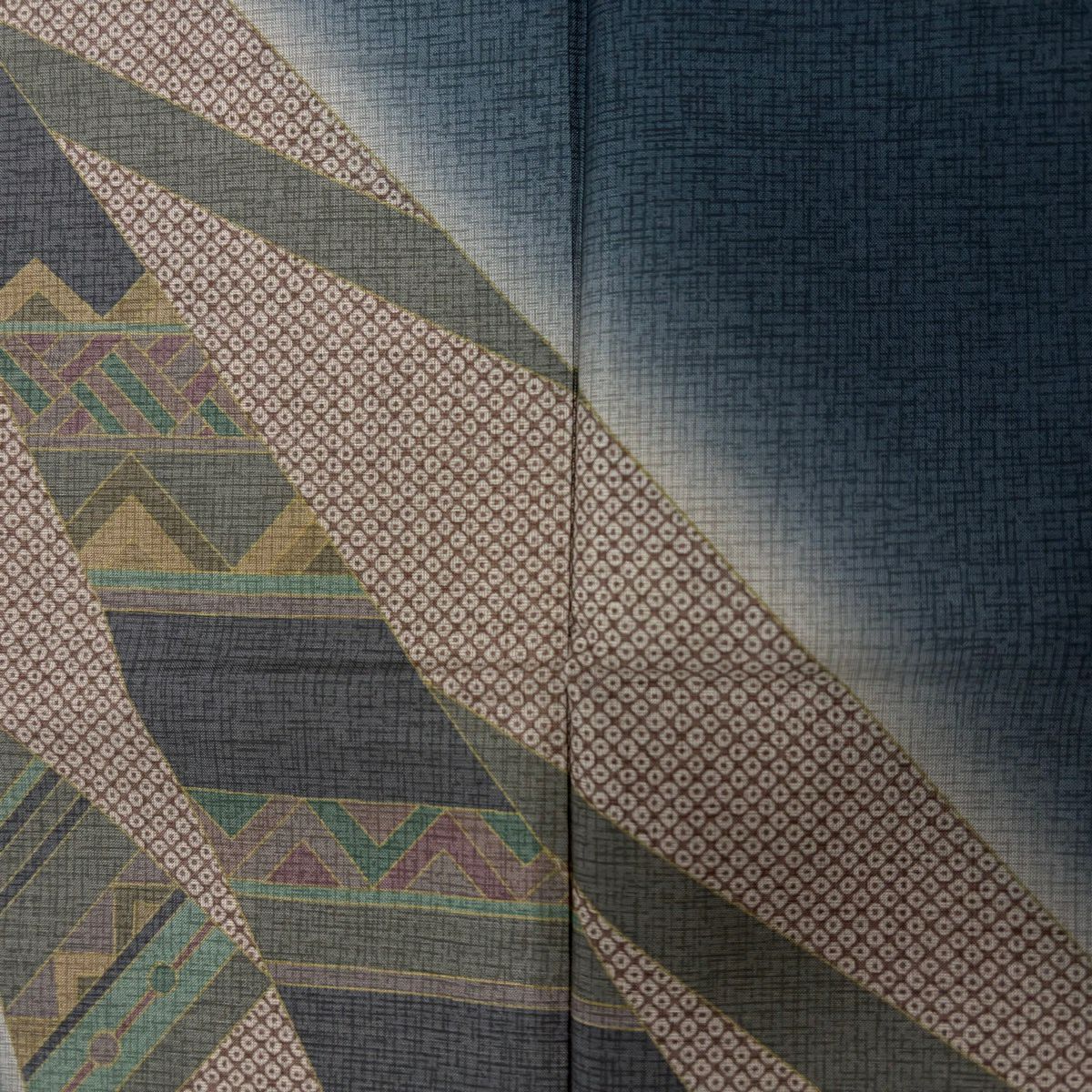 【美品】 付下 身長154cm 袖長60cm S 雙層 大島紬織地 證書齊全 幾何學 漸層 青灰 純蠶絲 優品級