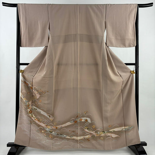 色留袖禮服 身長163.5cm 袖長65.5cm M 雙層 蔓帶 寶盡くし 金銀彩 漸層 淡茶 純蠶絲 優品級