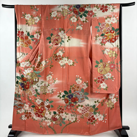 振袖禮服 身長165cm 袖長66cm M 雙層櫻花寶盡 金絲 金銀彩 粉紅 純蠶絲 優品級