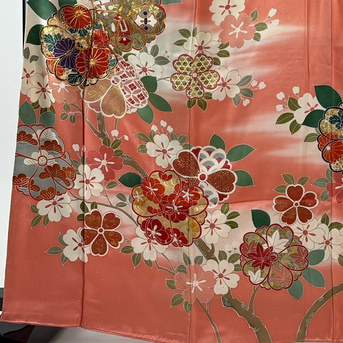 振袖禮服 身長165cm 袖長66cm M 雙層櫻花寶盡 金絲 金銀彩 粉紅 純蠶絲 優品級