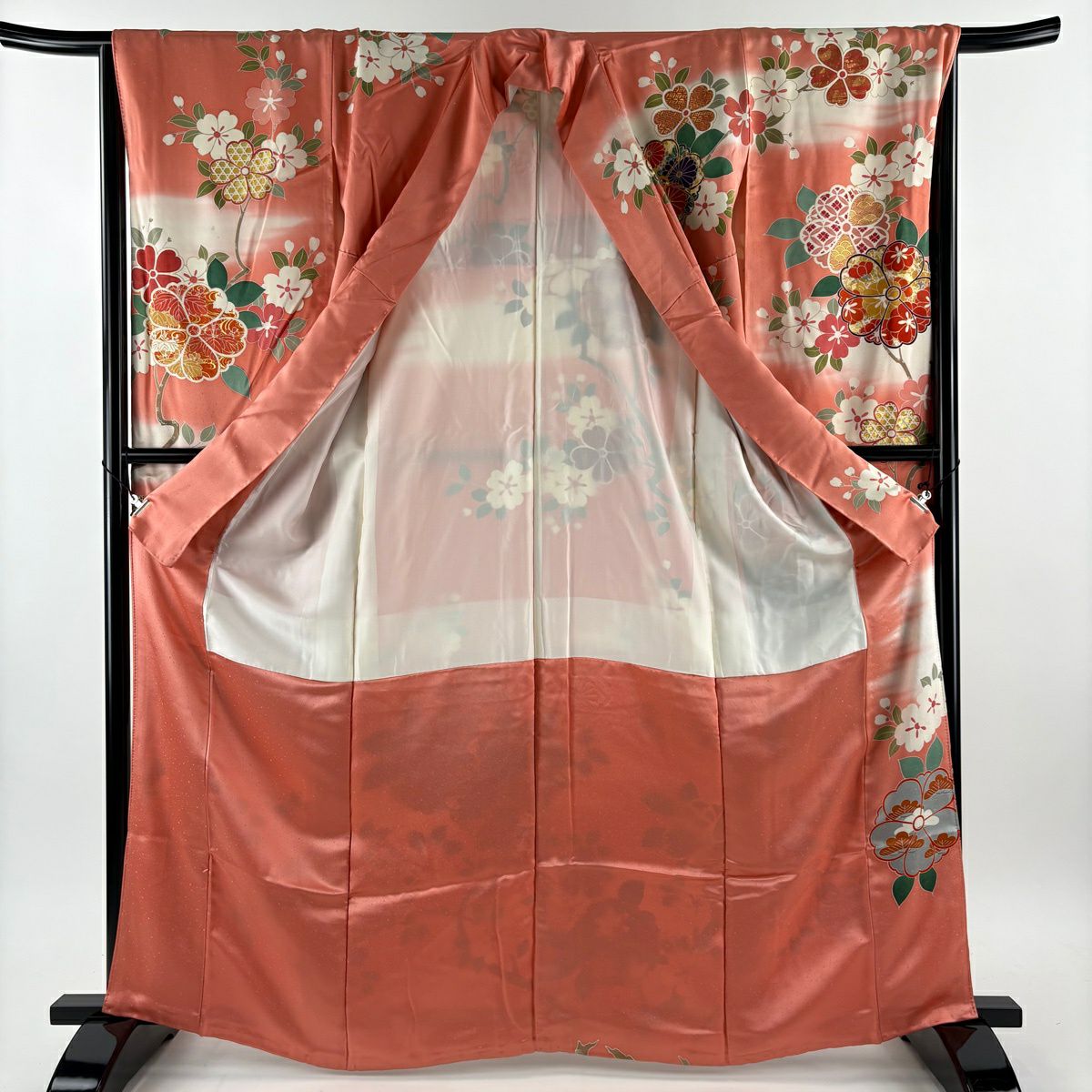 振袖禮服 身長165cm 袖長66cm M 雙層櫻花寶盡 金絲 金銀彩 粉紅 純蠶絲 優品級
