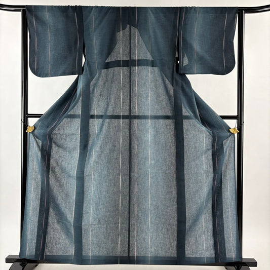 【美品】 小紋 身長162cm 袖長64cm M 薄物 幾何學 深藍 化纖 秀品級