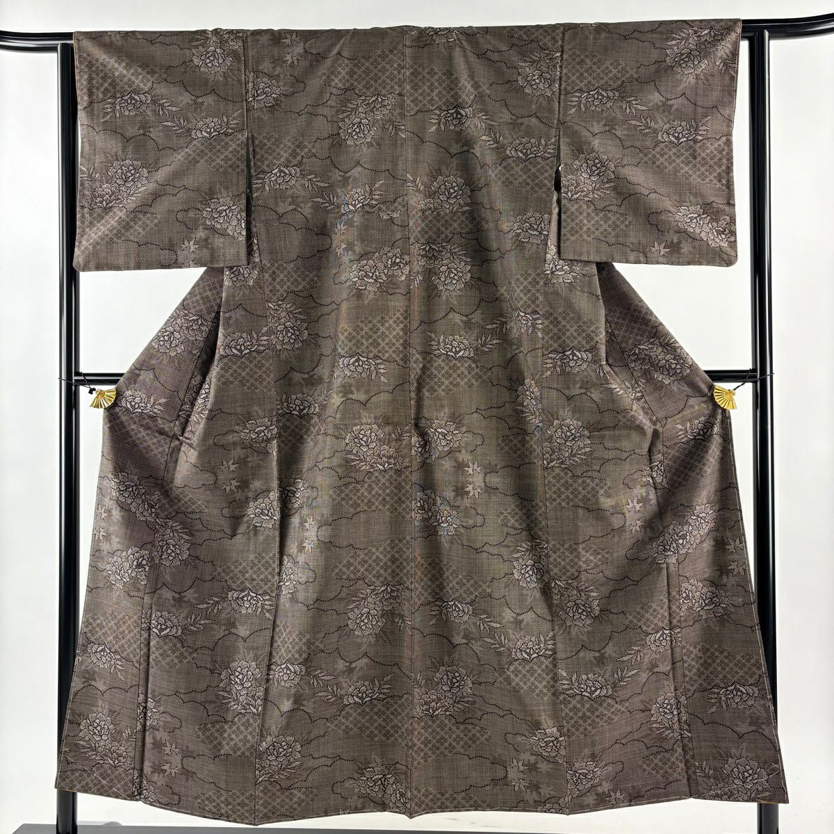 【美品】 大島紬織 身長153cm 袖長62cm S 雙層 證書附帶 雲紋 草花紋紋 純泥染 焦茶 純蠶絲 優品級