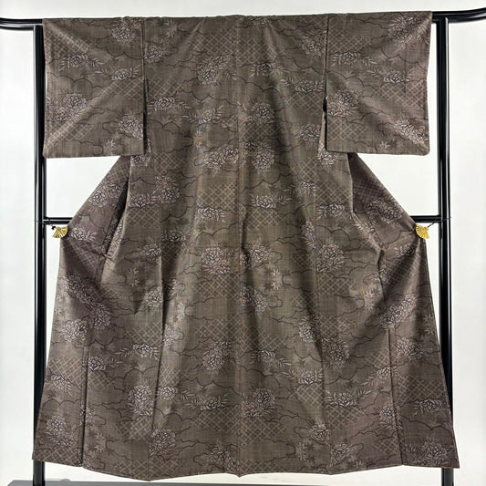 【美品】 大島紬織 身長153cm 袖長62cm S 雙層 證書附帶 雲紋 草花紋紋 純泥染 焦茶 純蠶絲 優品級