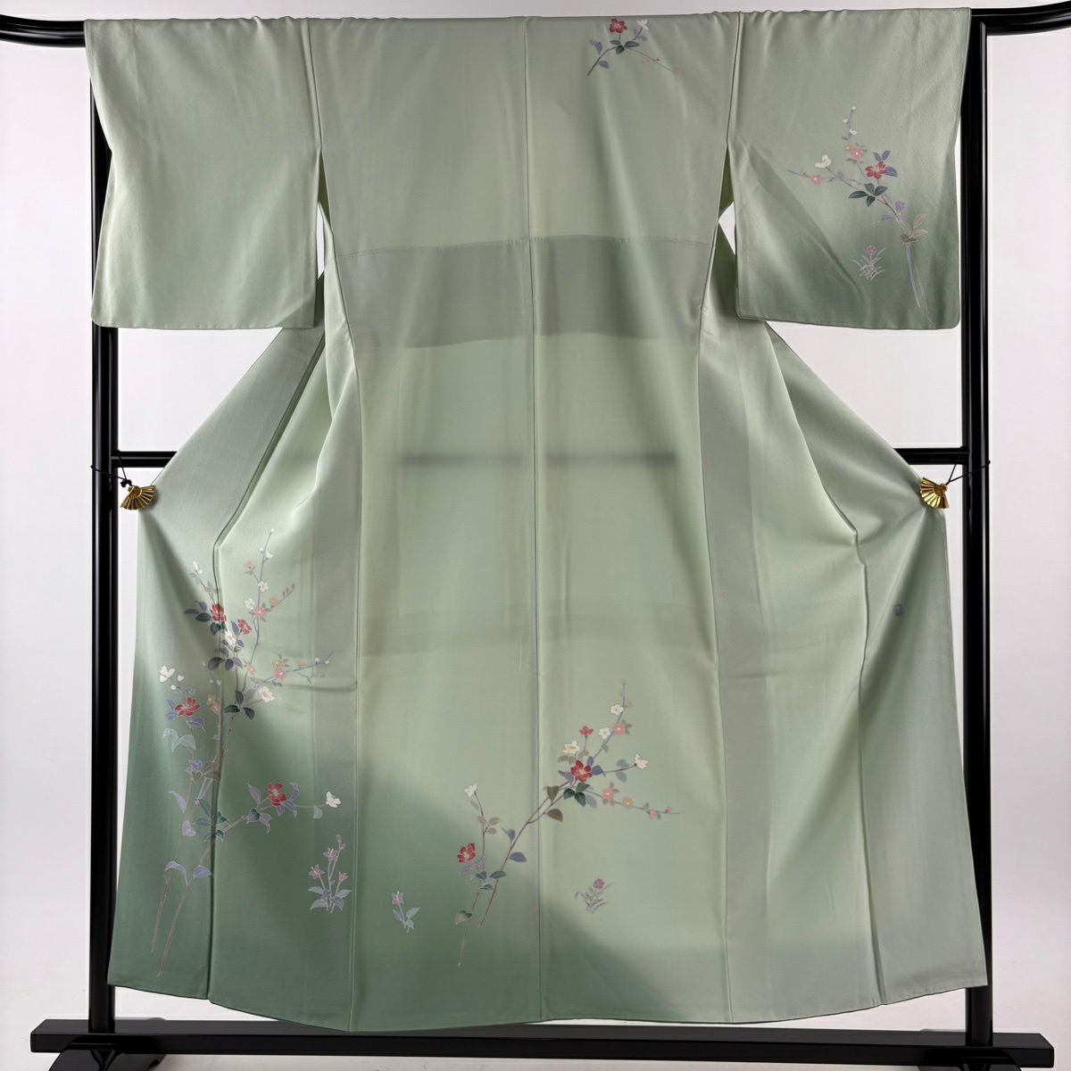 付下 身長154cm 袖長66.5cm M 雙層 落款有 枝花 漸層 薄綠 純蠶絲 優品級