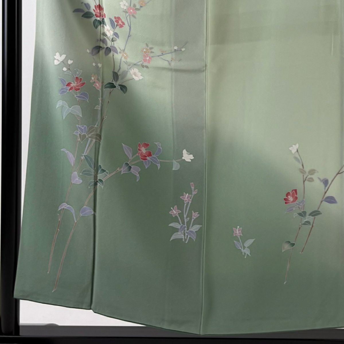 付下 身長154cm 袖長66.5cm M 雙層 落款有 枝花 漸層 薄綠 純蠶絲 優品級