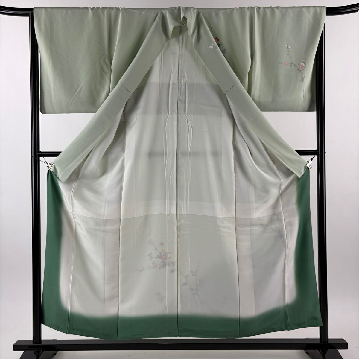 付下 身長154cm 袖長66.5cm M 雙層 落款有 枝花 漸層 薄綠 純蠶絲 優品級