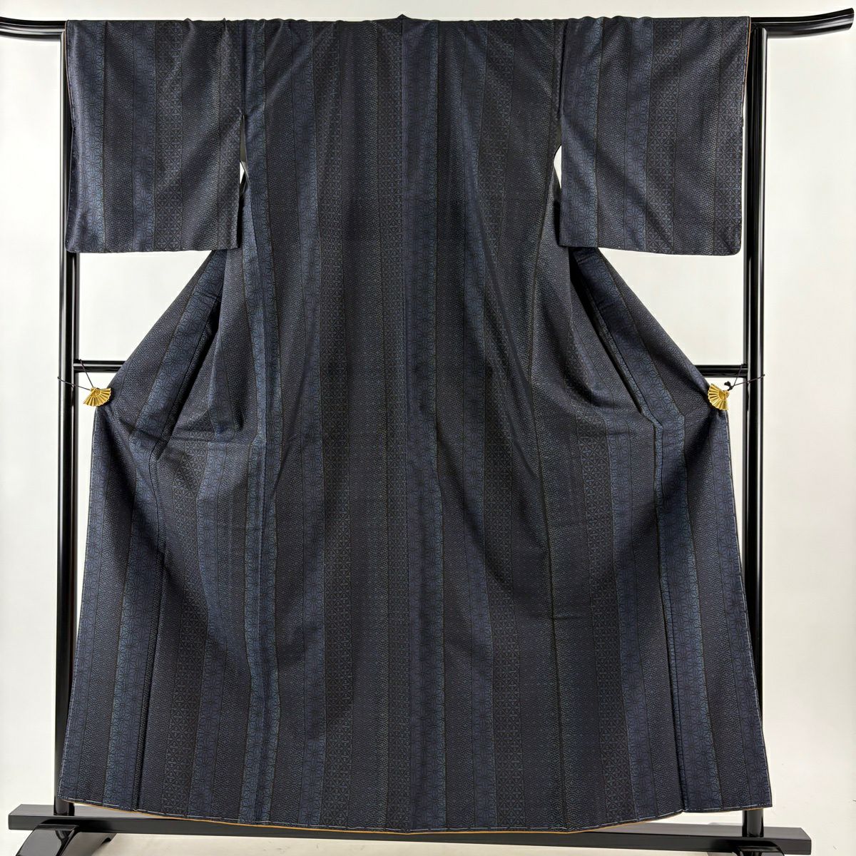【美品】 紬織 身長158cm 袖長66cm M 雙層 縞 麻之葉 深藍 純蠶絲 秀品級