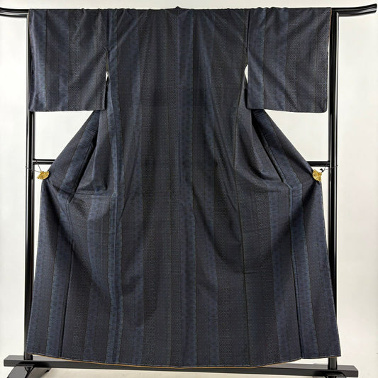 【美品】 紬織 身長158cm 袖長66cm M 雙層 縞 麻之葉 深藍 純蠶絲 秀品級