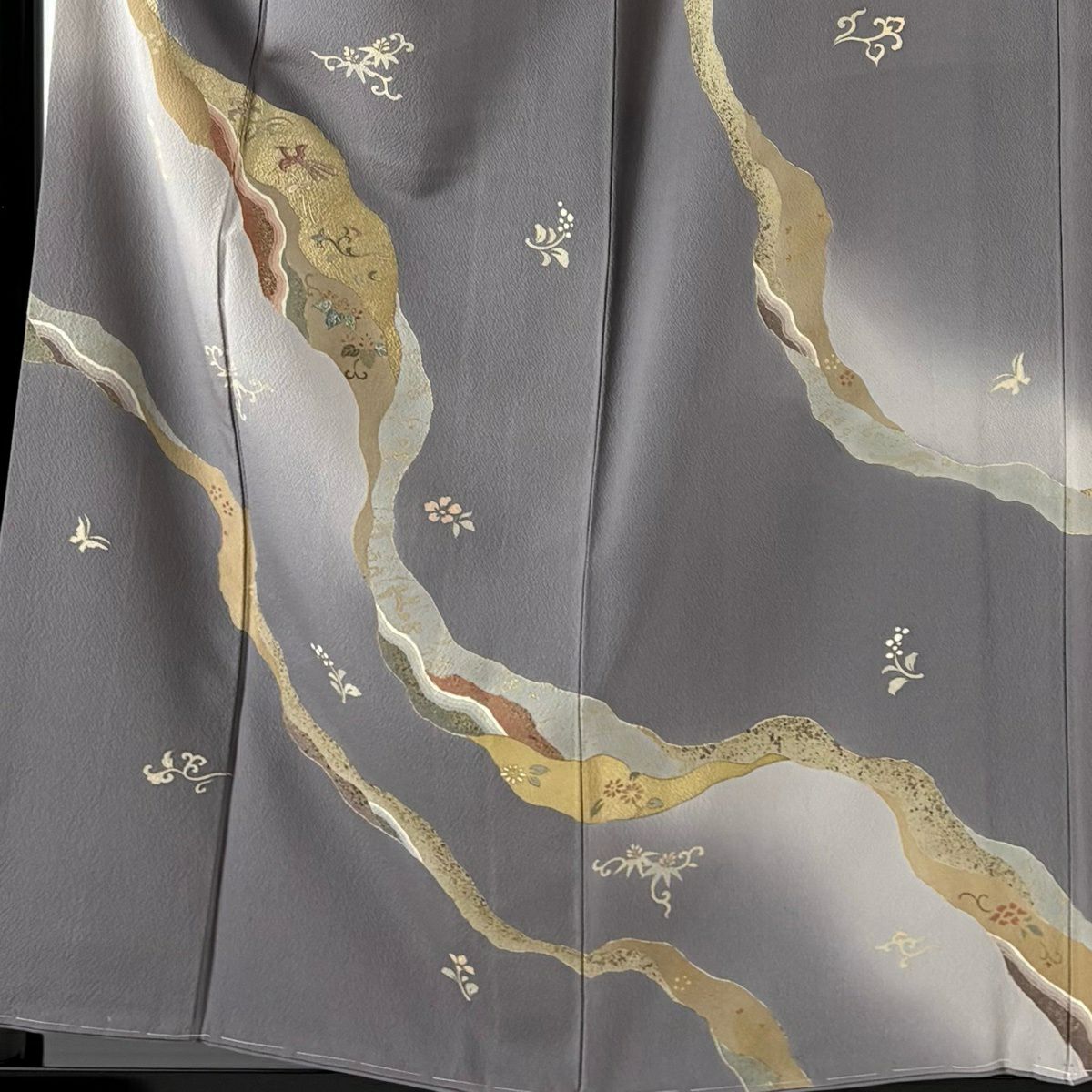 訪問服 身長157.5cm 袖長65cm M 雙層 花喰鳥 草花紋紋 刺繡 金彩裝飾 灰紫 純蠶絲 秀品級