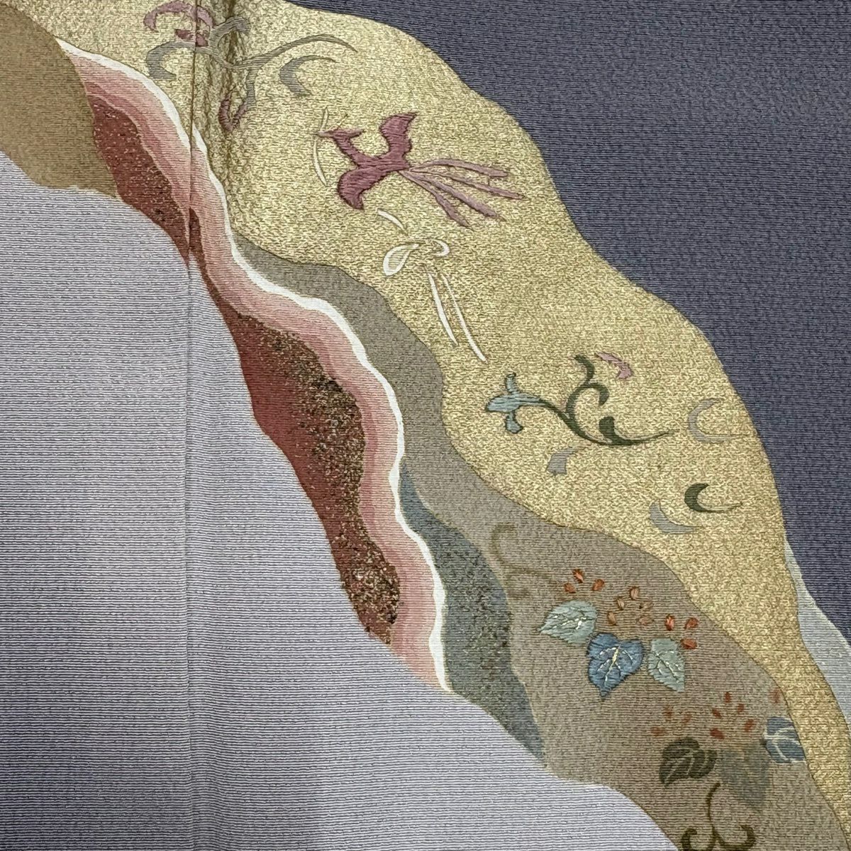 訪問服 身長157.5cm 袖長65cm M 雙層 花喰鳥 草花紋紋 刺繡 金彩裝飾 灰紫 純蠶絲 秀品級