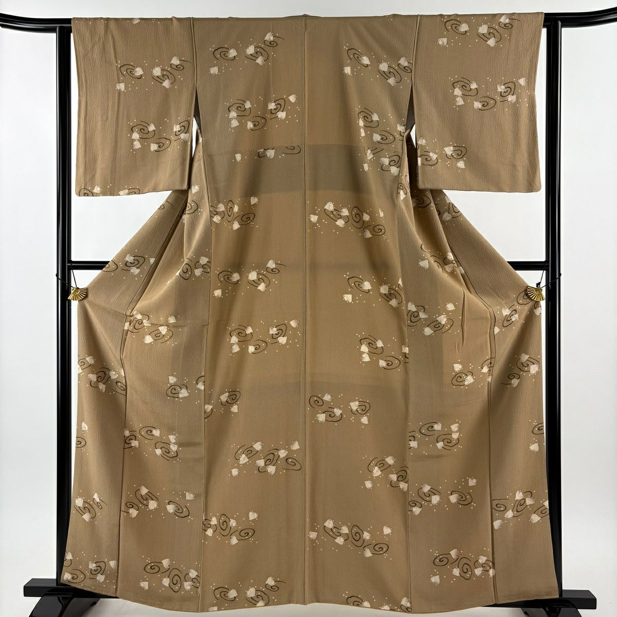 【美品】 小紋 身長161.5cm 袖長62cm S 雙層 千鳥 渦卷 薄茶 純蠶絲 秀品級