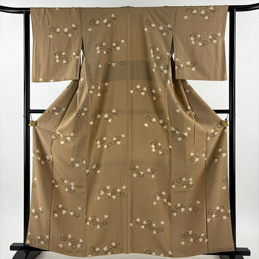 【美品】 小紋 身長161.5cm 袖長62cm S 雙層 千鳥 渦卷 薄茶 純蠶絲 秀品級