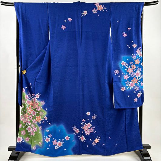 【美品】振袖禮服 身長165.5cm 袖長66.5cm M 雙層 櫻花 地紋 金金箔 金線 藍色 純蠶絲 優品級