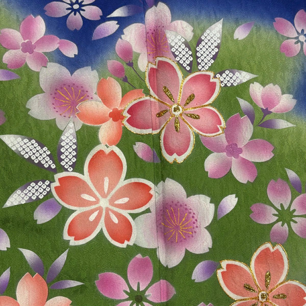 【美品】振袖禮服 身長165.5cm 袖長66.5cm M 雙層 櫻花 地紋 金金箔 金線 藍色 純蠶絲 優品級