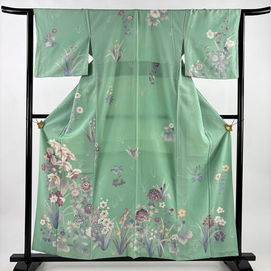 訪問服 身長158.5cm 袖長63.5cm S 雙層 落款 草花紋紋 淡綠 純蠶絲 優品級