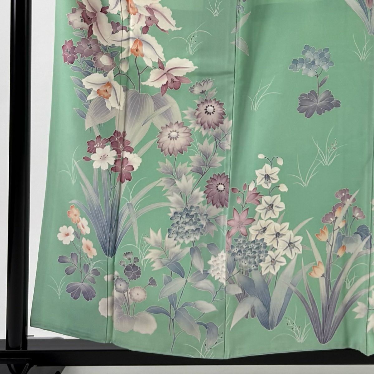 訪問服 身長158.5cm 袖長63.5cm S 雙層 落款 草花紋紋 淡綠 純蠶絲 優品級