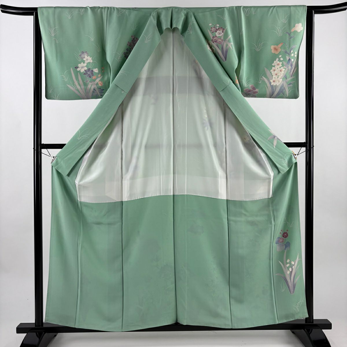 訪問服 身長158.5cm 袖長63.5cm S 雙層 落款 草花紋紋 淡綠 純蠶絲 優品級