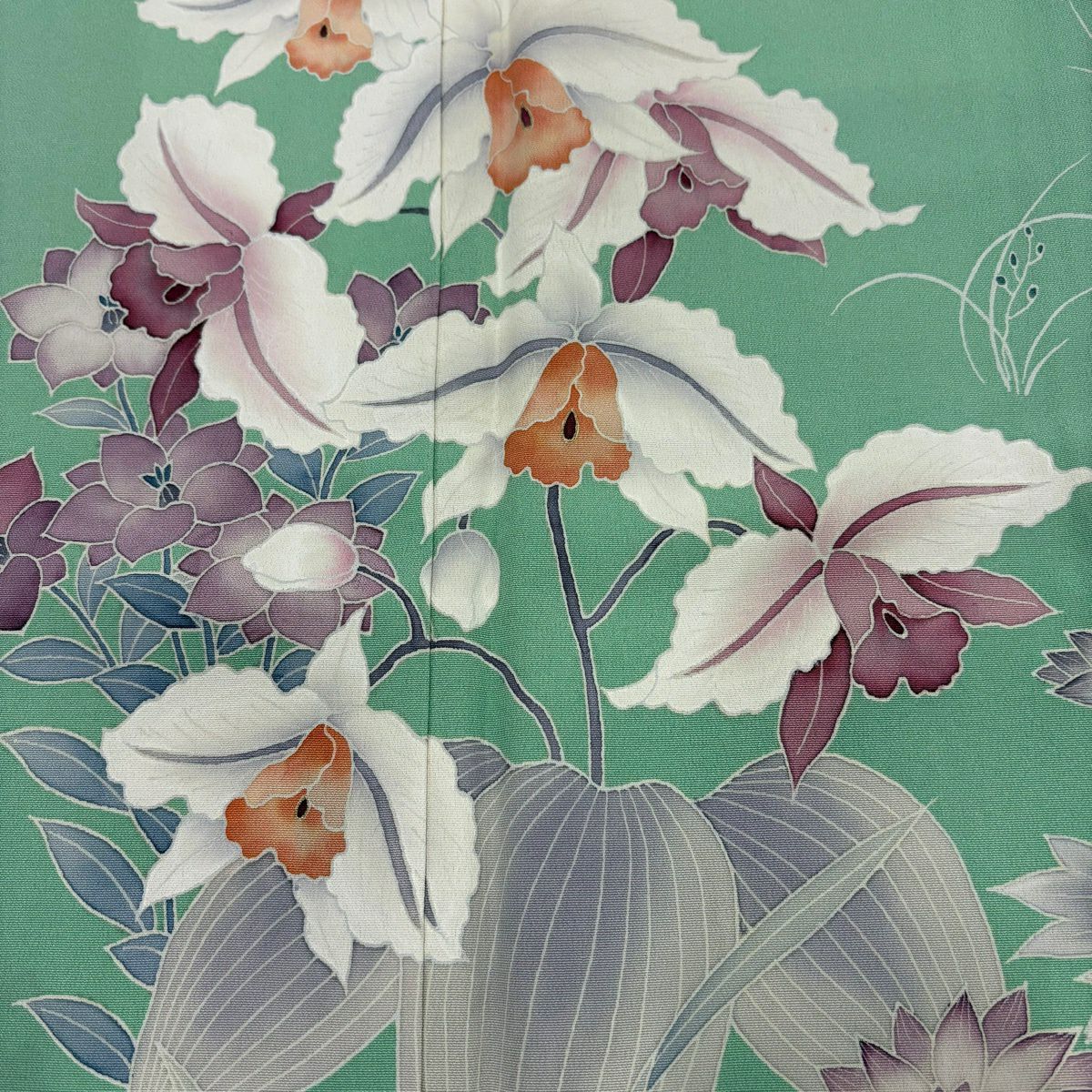 訪問服 身長158.5cm 袖長63.5cm S 雙層 落款 草花紋紋 淡綠 純蠶絲 優品級