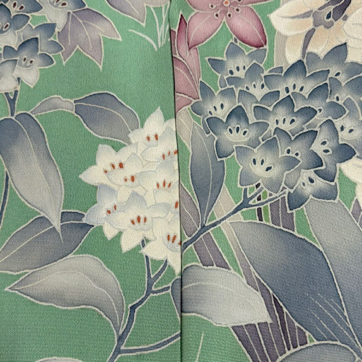 訪問服 身長158.5cm 袖長63.5cm S 雙層 落款 草花紋紋 淡綠 純蠶絲 優品級