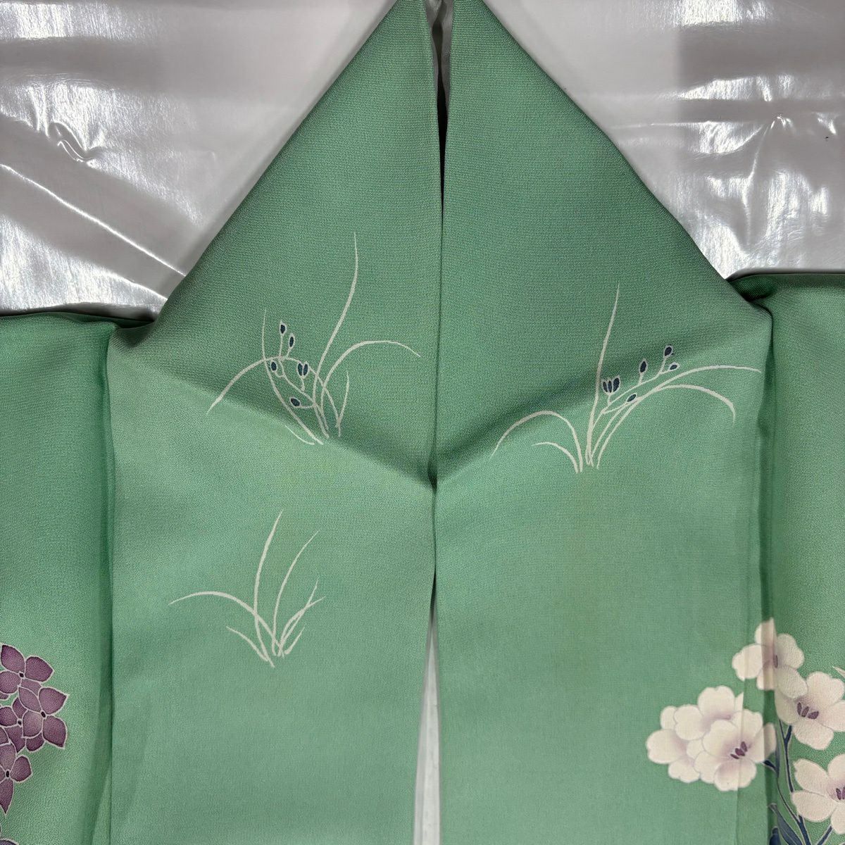 訪問服 身長158.5cm 袖長63.5cm S 雙層 落款 草花紋紋 淡綠 純蠶絲 優品級