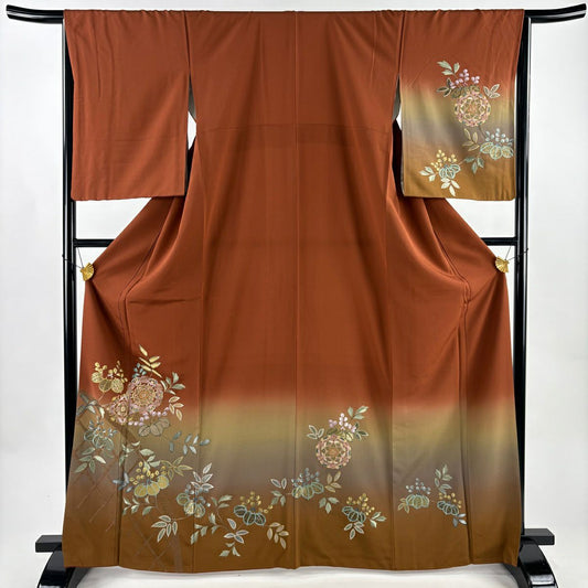 付下 身長165.5cm 袖長65.5cm M 雙層 華紋 枝花 刺繡 金金箔 茶 純蠶絲 秀品級