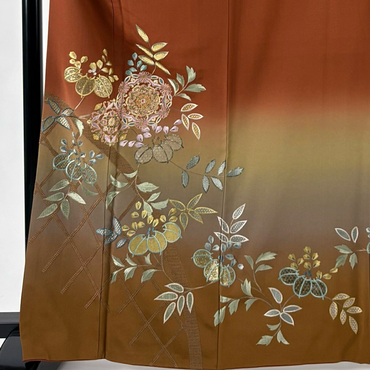 付下 身長165.5cm 袖長65.5cm M 雙層 華紋 枝花 刺繡 金金箔 茶 純蠶絲 秀品級