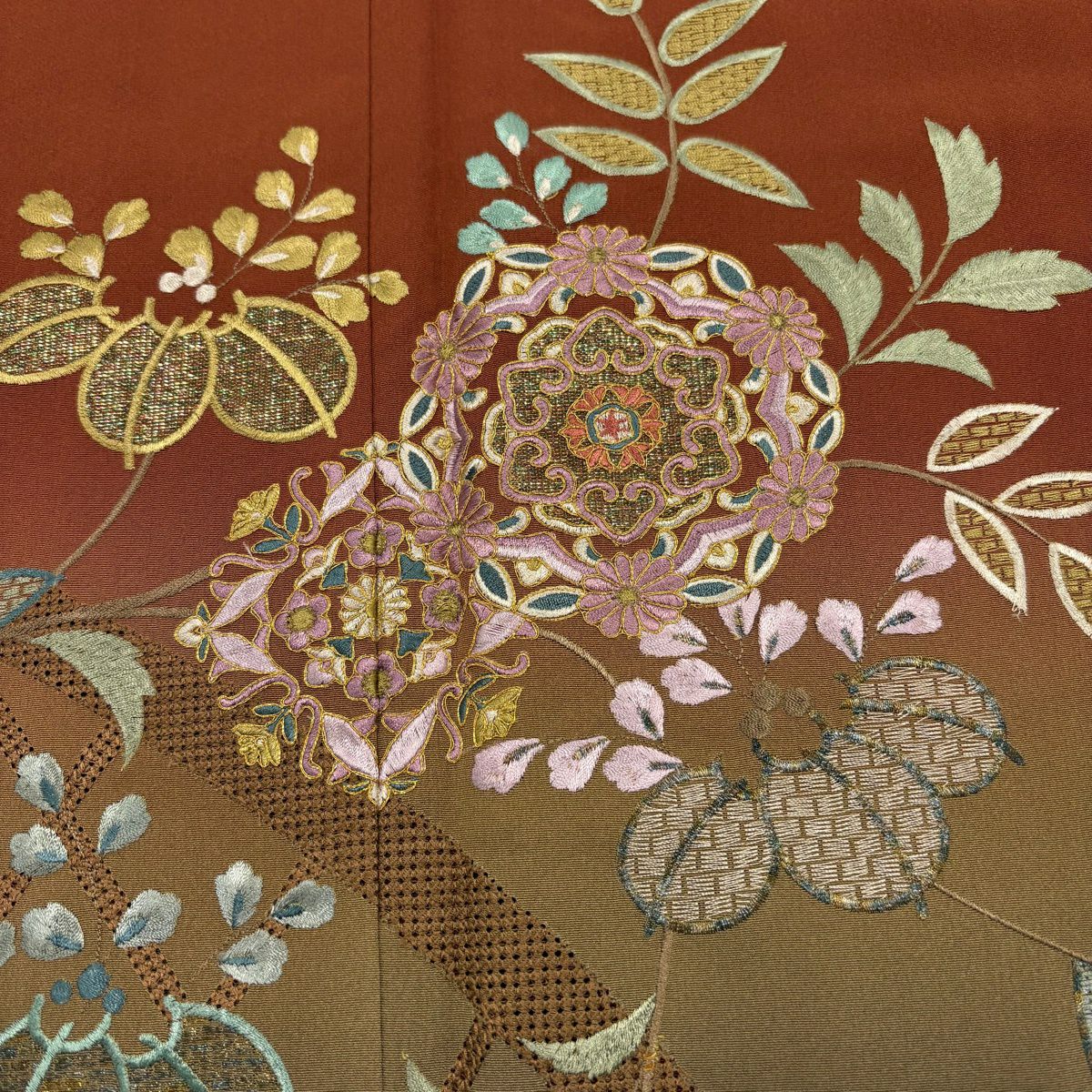 付下 身長165.5cm 袖長65.5cm M 雙層 華紋 枝花 刺繡 金金箔 茶 純蠶絲 秀品級