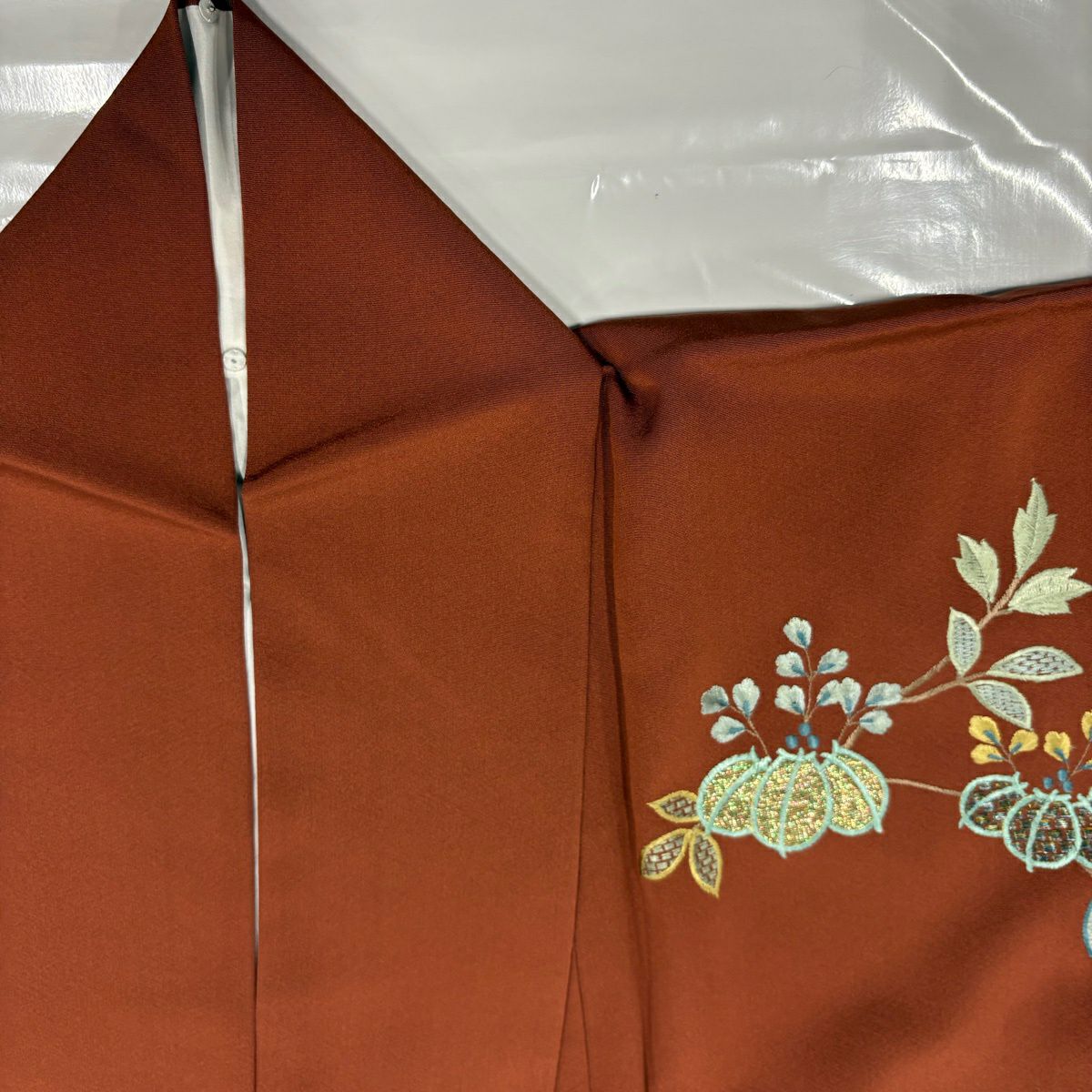 付下 身長165.5cm 袖長65.5cm M 雙層 華紋 枝花 刺繡 金金箔 茶 純蠶絲 秀品級