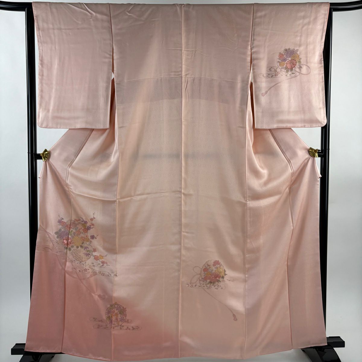 【美品】 付下 身長164cm 袖長64cm M 雙層 雪輪 草花紋刺繡 漸層 淡粉色 純蠶絲 優品級