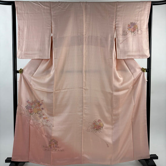 【美品】 付下 身長164cm 袖長64cm M 雙層 雪輪 草花紋刺繡 漸層 淡粉色 純蠶絲 優品級
