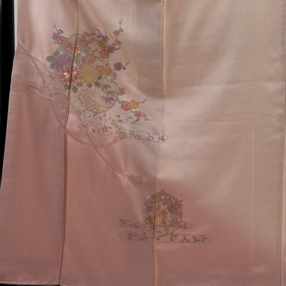 【美品】 付下 身長164cm 袖長64cm M 雙層 雪輪 草花紋刺繡 漸層 淡粉色 純蠶絲 優品級