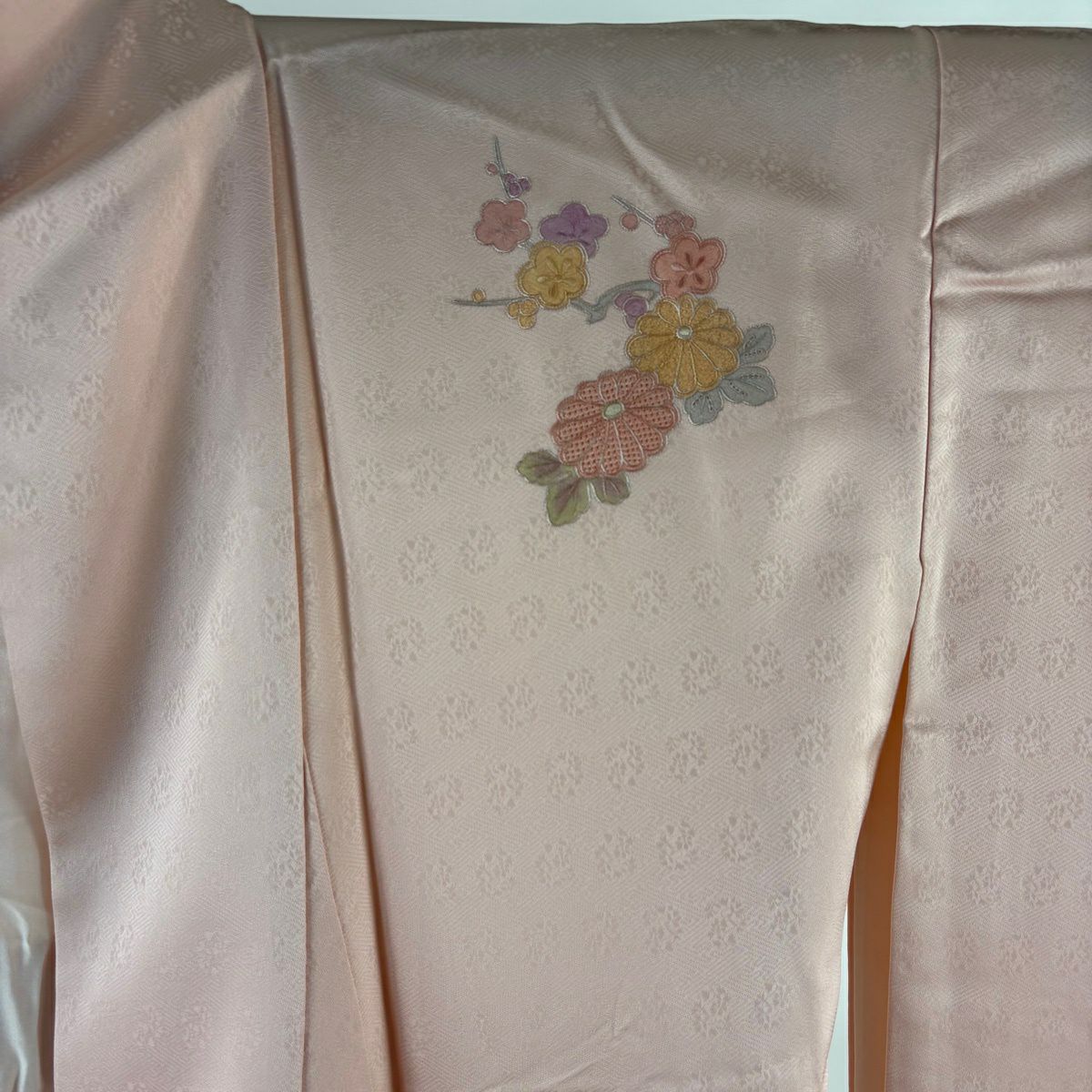 【美品】 付下 身長164cm 袖長64cm M 雙層 雪輪 草花紋刺繡 漸層 淡粉色 純蠶絲 優品級