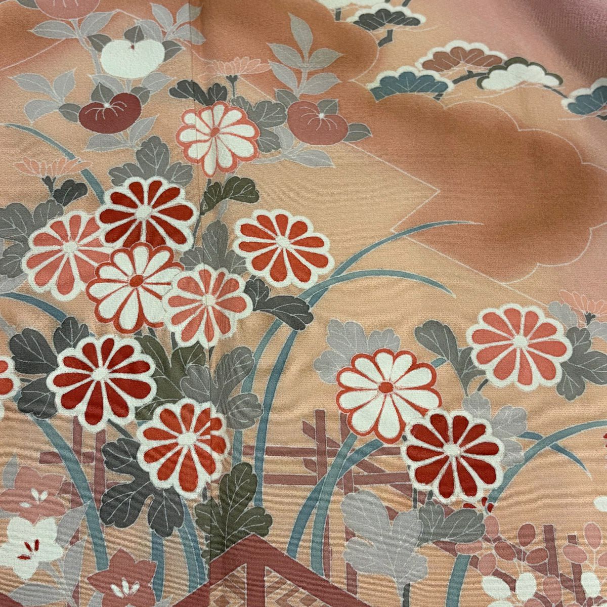 訪問服 身長165cm 袖長63.5cm S 雙層 菊花 橘 金銀彩 漸層 粉色 純蠶絲 優品級