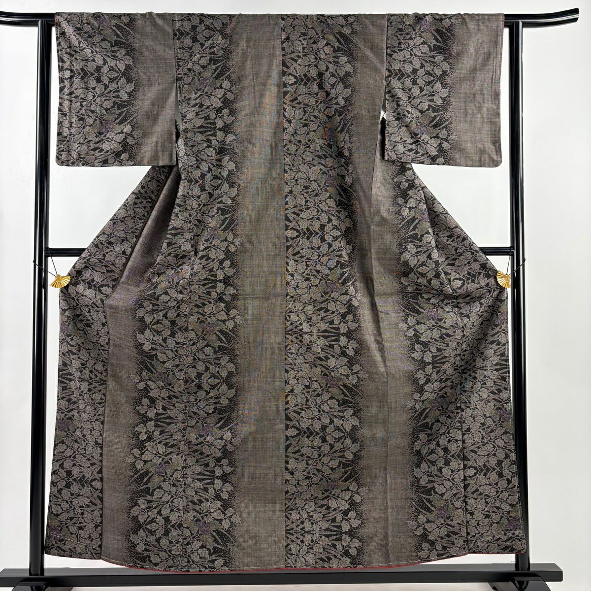 【美品】 紬織 身長158.5cm 袖長61.5cm S 雙層 草花紋 焦茶 純蠶絲 秀品級