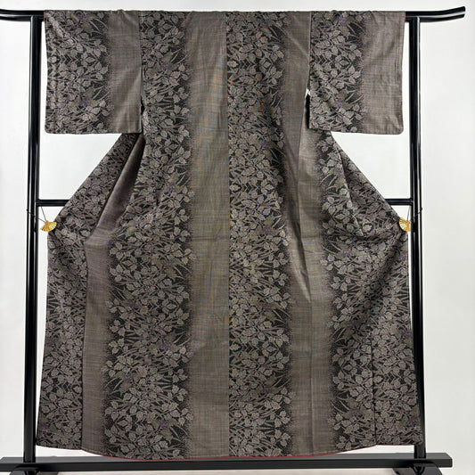 【美品】 紬織 身長158.5cm 袖長61.5cm S 雙層 草花紋 焦茶 純蠶絲 秀品級