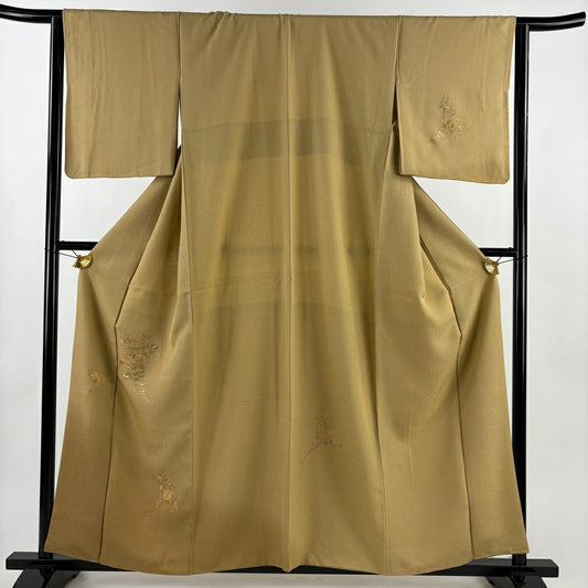 【美品】 付下 身長158cm 袖長63.5cm S 雙層 草花紋紋 貝桶刺繡 漸層 薄黃土 純蠶絲 優品級