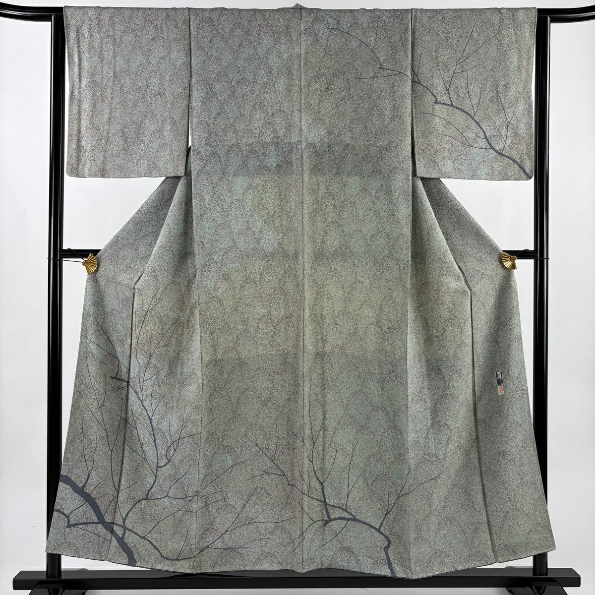 訪問服 身長154.5cm 袖長63cm S 雙層 落款有 枝 幾何圖案 漸層 灰綠 純蠶絲 優品級