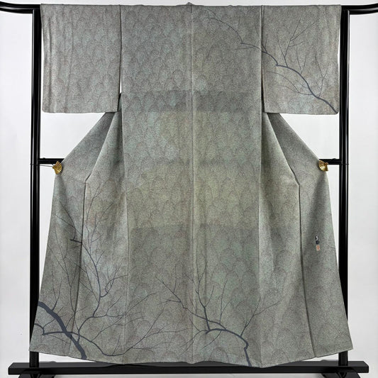 訪問服 身長154.5cm 袖長63cm S 雙層 落款有 枝 幾何圖案 漸層 灰綠 純蠶絲 優品級