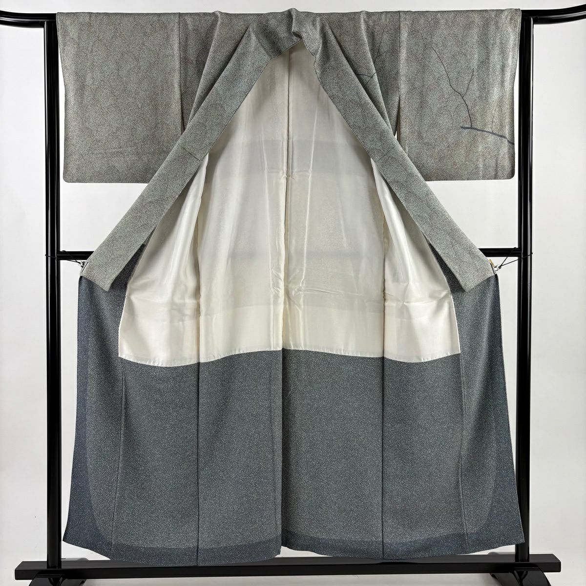 訪問服 身長154.5cm 袖長63cm S 雙層 落款有 枝 幾何圖案 漸層 灰綠 純蠶絲 優品級