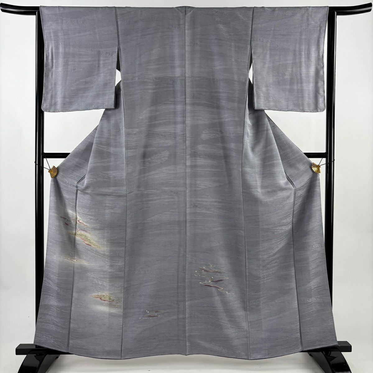 付下 身長161cm 袖長63cm S 雙層 流水 水花 金絲 金銀彩 青灰 純蠶絲 優品級