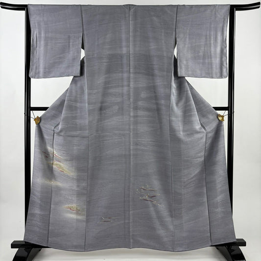 付下 身長161cm 袖長63cm S 雙層 流水 水花 金絲 金銀彩 青灰 純蠶絲 優品級