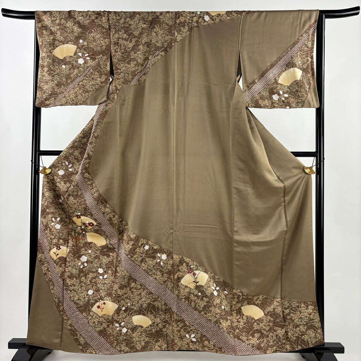 訪問服 身長162cm 袖長65cm M 雙層 ますいわ屋 椿 刺繡 金彩裝飾 茶 純蠶絲 秀品級