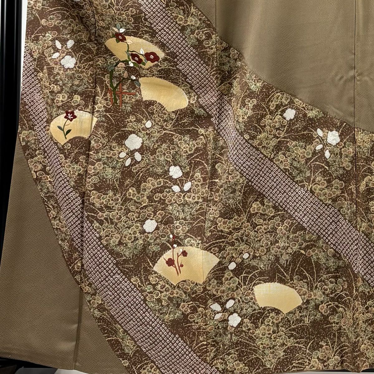 訪問服 身長162cm 袖長65cm M 雙層 ますいわ屋 椿 刺繡 金彩裝飾 茶 純蠶絲 秀品級