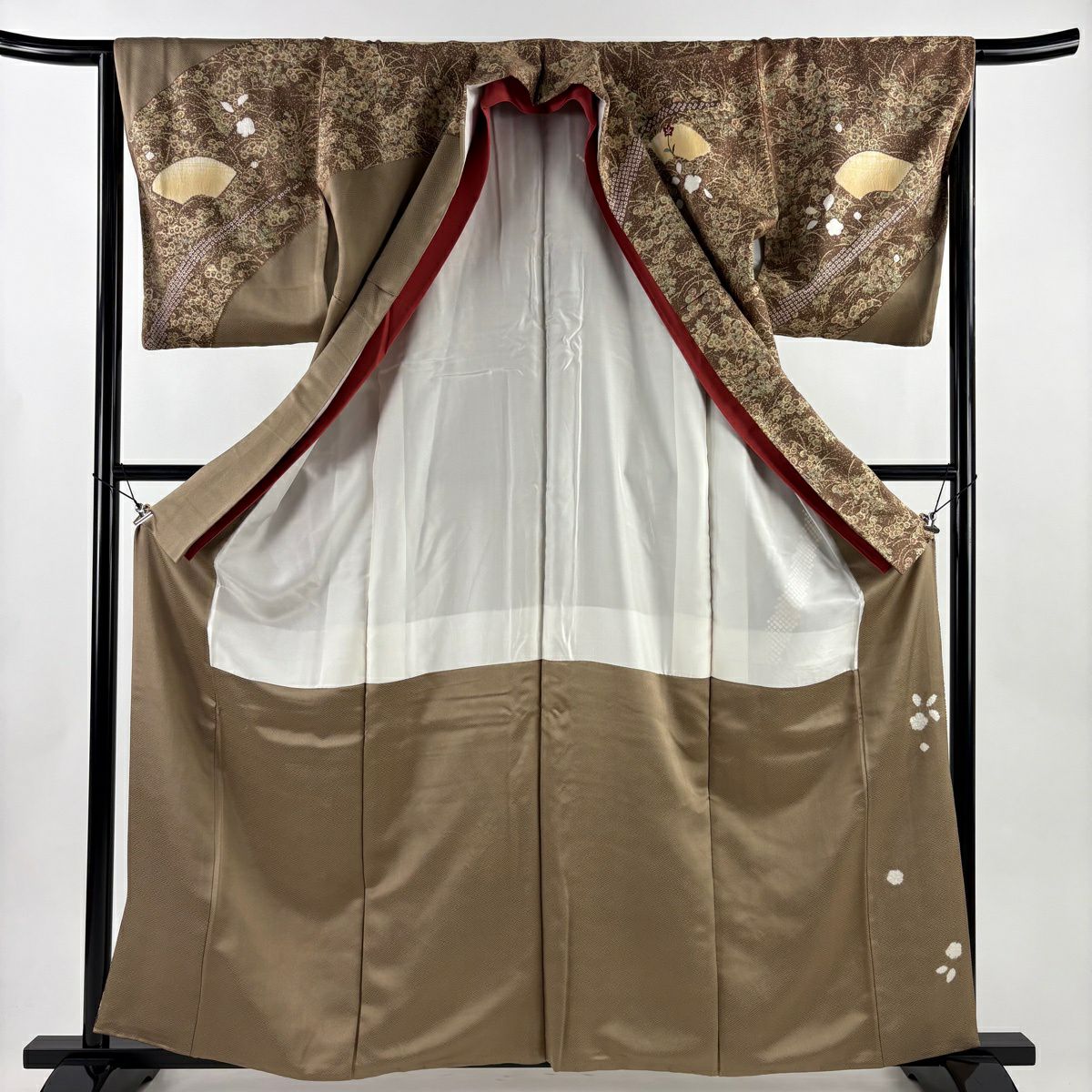訪問服 身長162cm 袖長65cm M 雙層 ますいわ屋 椿 刺繡 金彩裝飾 茶 純蠶絲 秀品級