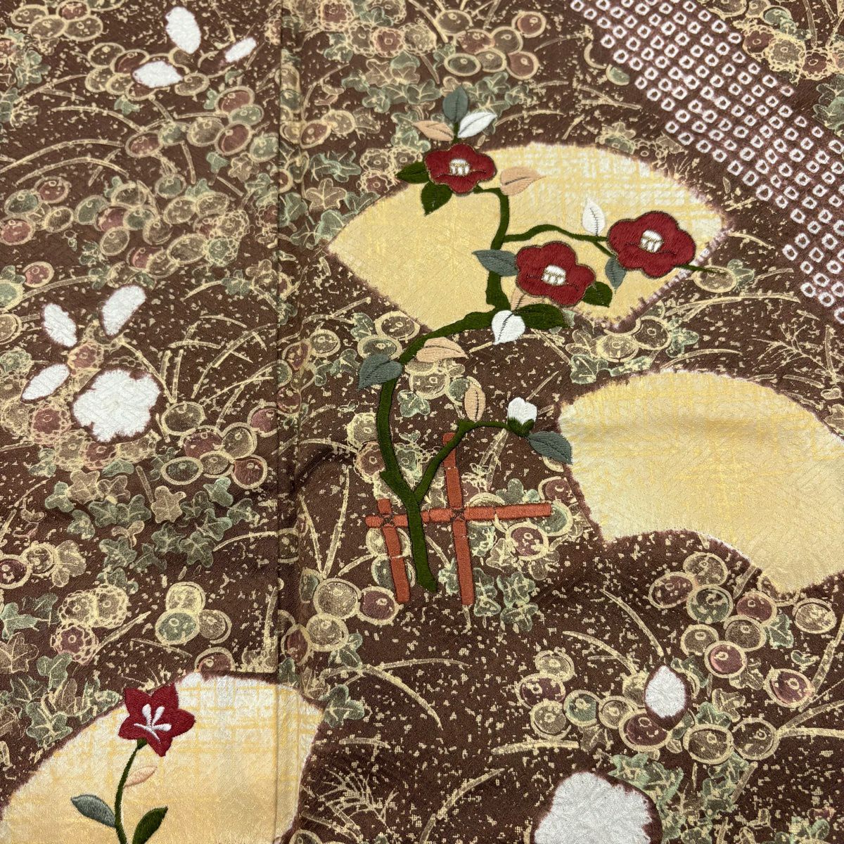 訪問服 身長162cm 袖長65cm M 雙層 ますいわ屋 椿 刺繡 金彩裝飾 茶 純蠶絲 秀品級