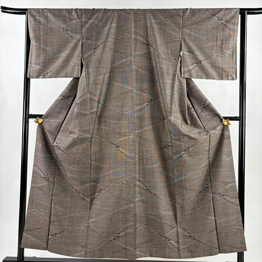 【美品】 紬織 身長153.5cm 袖長64.5cm M 雙層 草花紋紋 波 灰茶 純蠶絲 秀品級