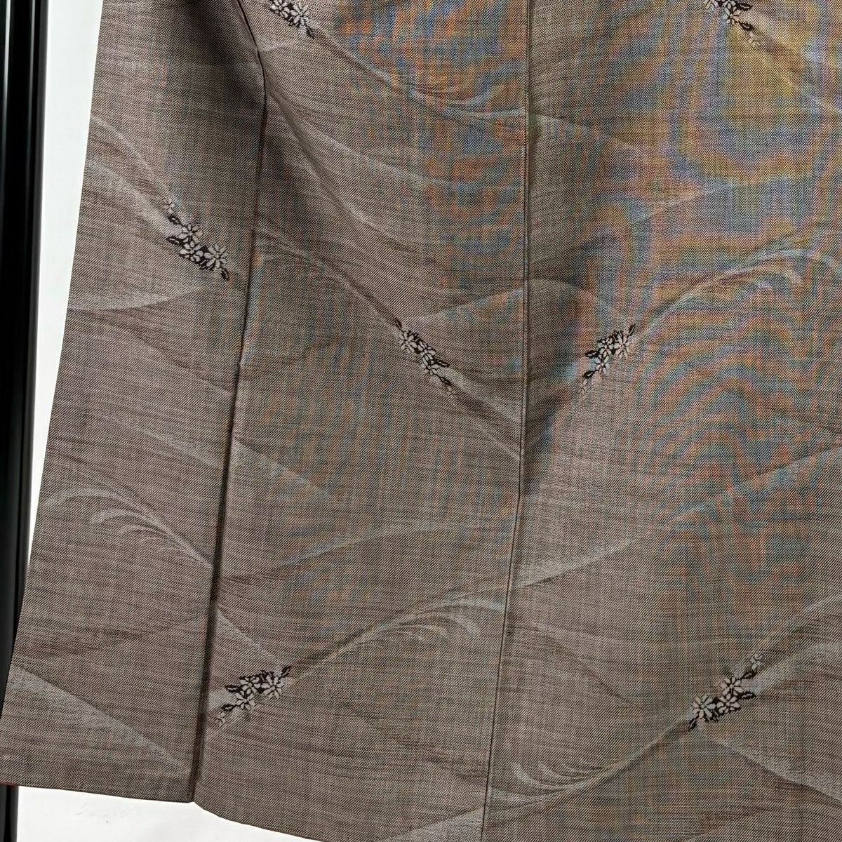 【美品】 紬織 身長153.5cm 袖長64.5cm M 雙層 草花紋紋 波 灰茶 純蠶絲 秀品級